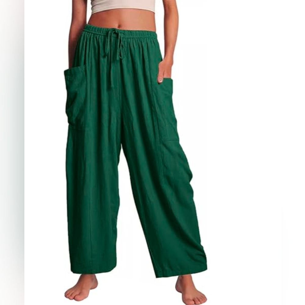 Women Linen Wide Leg Loose Lightweigt Palazzo Harem Pants with Pockets - NEW